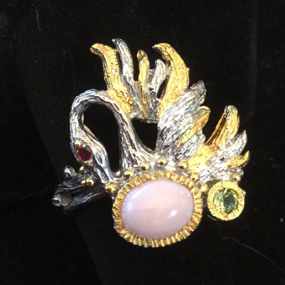 Exquisite Genuine Pink Opal Swan Ring
